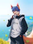 ambient_bird anthro biped blue_hair canid canine clothed clothed_anthro clothed_male clothing day detailed_background electronics fangs fox fully_clothed fully_clothed_anthro fully_clothed_male fur hair headphones headphones_around_neck hi_res jacket male mammal open_mouth open_smile orange_body orange_fur orange_tail outside pink_tongue sky smile solo standing tail teeth tongue topwear voidclawart
