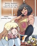  2girls absurdres aged_up ahoge alternate_muscle_size bee black_hair blonde_hair bug cupboard english_text fried_egg frying_pan highres holding holding_frying_pan juno_son lillie_(pokemon) multiple_girls muscular muscular_female open_mouth pokemon pokemon_(creature) pokemon_sm selene_(pokemon) shorts sleepy 