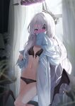  1girl absurdres black_bra black_panties blue_archive blush bra covering_own_mouth demon_girl demon_horns demon_wings embarrassed grey_hair hair_between_eyes halo highres hina_(blue_archive) horns inu_lin long_hair long_shirt looking_at_viewer navel open_bra open_clothes open_mouth open_shirt panties purple_eyes purple_halo shirt single_sleeve_past_fingers solo stomach underwear wet white_shirt wings 