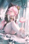  1girl ace_taffy ahoge animal_ears black_bow black_dress blush bow chen_bin church closed_mouth cross dress feet flower frilled_dress frills full_body hair_ornament highres indie_virtual_youtuber indoors knees_up long_hair looking_at_viewer no_shoes nun panties pantyhose pink_hair puffy_sleeves short_sleeves sitting soles solo toes underwear very_long_hair watermark white_panties white_pantyhose yellow_eyes 