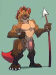  2022 3:4 anthro balls claws eyes_closed foreskin genitals hand_on_hip hedonybite64 hi_res holding_object holding_spear holding_weapon hyaenid male mammal mane markings melee_weapon muscular nude penis polearm pubes red_markings smile smiling_at_viewer solo spear standing striped_markings stripes toony weapon 
