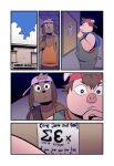 anthro backpack backwards_baseball_cap backwards_hat baseball_cap brown_body brown_fur brown_hair canid canine canis clothing cloud comic day dialogue domestic_dog domestic_pig duo english_text fur hair hand_on_chin hat headgear headwear hi_res inside long_ears looking_at_another male mammal noticeboard octavio_(t0l0k) orange_clothing orange_shirt orange_topwear overalls pink_body pink_clothing pink_hat pink_headwear pride_color_accessory reading red_clothing red_hat red_headwear roy_(t0l0k) school shirt sky spiral_tail standing suid suine sus_(pig) t0l0k tank_top text thinking topwear university wristband