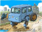  6+boys blue_coat blue_sky brick cat_boy coat dirt_road highres mecha military_uniform mud multiple_boys original puddle road robot sky soldier tower walker_(robot) wheel yabarn 