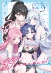  4girls absurdres alternate_costume alternate_hairstyle arm_guards artist_name bare_legs bikini black_arm_garter black_hair black_sarong blue_archive blunt_bangs blush breasts bright_pupils cleavage collarbone comiket_106 commentary_request cover cover_page doujin_cover facepaint fang grey_hair grey_jacket halo heart highres holding_hands interlocked_fingers jacket koyuki_(blue_archive) long_hair looking_at_viewer medium_breasts momomoi_momoi multiple_girls navel noa_(blue_archive) one_side_up pink_hair polka_dot ponytail purple_hair rio_(blue_archive) sarong see-through_clothes see-through_shirt seminar_(blue_archive) shirt skin_fang smile star-shaped_pupils star_(symbol) stomach straight_hair strapless strapless_bikini swimsuit symbol-shaped_pupils twintails very_long_hair white_bikini white_pupils white_shirt yuuka_(blue_archive) 