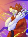  3:4 abstract_background anthro black_nose brown_body brown_fur canid canine closed_smile clothed clothing electronics eyes_closed fur hair half-length_portrait headphones listening_to_music male male_anthro mammal mouth_closed portrait red_clothing red_topwear short_hair side_view smile solaxe_(artist) solo topwear white_body white_fur 