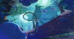 air_bubble bright_pupils bubble bulbasaur claws closed_mouth commentary_request highres lily_pad looking_down nmm no_humans outdoors pokemon pokemon_(creature) pokemon_focus poliwag red_eyes ripples split_mouth tree underwater white_pupils 