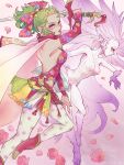  2girls armpit_crease artist_name bare_back bare_shoulders belt blush breasts camisole colored_skin commentary_request completely_nude detached_sleeves dual_persona eakanasu earrings expressionless fighting_stance final_fantasy final_fantasy_vi flower flying from_side gradient_hair green_hair green_sash high_ponytail highres jewelry knife_sheath long_hair long_pointy_ears looking_at_viewer looking_down medium_breasts monster_girl multicolored_hair multiple_girls no_nipples nude parted_lips pink_background pink_hair pink_petals pointy_ears polka_dot polka_dot_legwear ponytail purple_eyes purple_fur purple_hair red_belt red_camisole red_flower red_rose red_shoes red_sleeves rose sash sheath shoes sphere_earrings stomach terra_branford trance_terra_branford white_hair white_sash white_skin yellow_sash 