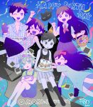  &gt;_&lt; 2girls 4boys :d antenna_hair apple aubrey_(headspace)_(omori) aubrey_(omori) banana barefoot basil_(headspace)_(omori) basil_(omori) birthday_cake black_eyes black_hair black_shoes black_shorts black_socks black_tank_top blue_overalls bow bright_pupils brother_and_sister brothers cake cat chocolate_chip_cookie closed_eyes collarbone colored_skin confetti cookie dated double-parted_bangs flower food fruit g_tsurius grapes green_eyes green_hair green_shirt hair_bow happy_birthday head_wreath hero_(headspace)_(omori) hero_(omori) highres holding holding_picnic_basket holding_plate hug kel_(headspace)_(omori) kel_(omori) kneehighs knees_up long_hair looking_at_another mari_(headspace)_(omori) mari_(omori) mewo multiple_boys multiple_girls omori omori_(omori) one_eye_closed open_mouth oven_mitts overall_shorts overalls pajamas parted_lips photo_(object) picnic_basket pink_bow plate purple_eyes purple_hair shirt shoes short_hair short_sleeves shorts siblings sitting smile socks striped_clothes striped_shorts t-shirt tank_top tongue vertical-striped_clothes vertical-striped_shorts white_pupils white_skin white_socks xd 