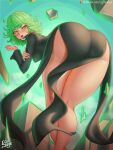  1girl ass ass_focus black_dress blush breasts dress ecchisage english_commentary from_behind green_eyes green_hair highres long_sleeves looking_at_viewer looking_back one-punch_man open_mouth short_hair simple_background small_breasts solo tatsumaki teeth telekinesis thighs upper_teeth 