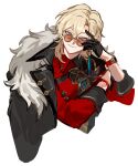  1boy aventurine_(honkai:_star_rail) aventurine_(jiaduobao)_(honkai:_star_rail) bead_bracelet beads black_gloves black_jacket blonde_hair blue_eyes bracelet commentary_request cropped_torso earrings fur-trimmed_collar fur_trim gloves half_gloves hand_on_own_cheek hand_on_own_face head_rest honkai:_star_rail honkai_(series) jacket jacket_on_shoulders jewelry looking_at_viewer male_focus multicolored_eyes multiple_rings orange-tinted_eyewear pink_eyes red_shirt ring shirt short_hair simple_background single_earring sketch smile solo sunglasses tinted_eyewear towa_(10_wa) two-tone_eyes watch white_background wristwatch 