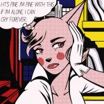  absurd_res anthro bodily_fluids canid canine canis cheek_markings clothing digital_media_(artwork) eyelashes facial_markings female gloves halftone handwear head_markings hi_res lips mammal markings paisleyrose103 pink_among_blood_red_roses pink_body pop_art red_eyes restricted_palette rose_paisley roy_lichtenstein sad solo speech_bubble tears text thought_bubble tuft white_clothing wolf 