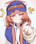  1girl bandaid bandaid_on_face bandaid_on_nose baseball_cap blue_archive blue_hat blue_jacket clenched_hand commentary eyewear_on_headwear fist_bump grin halo hat highres hood hoodie incoming_fist_bump jacket letterman_jacket light_blush looking_at_viewer notice_lines open_clothes open_jacket orange-tinted_eyewear orange_hair orange_halo praticadayo purple_eyes rei_(blue_archive) smile solo sports_sunglasses sunglasses teeth tinted_eyewear upper_body whistle whistle_around_neck white_background white_hoodie 