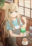  1girl :q aqua_eyes blonde_hair blue_shirt bracelet braid buttons cafe cappuccino chair cherry closed_mouth collarbone commentary_request cup feet_out_of_frame fingernails flower food fruit hair_flower hair_ornament hand_up highres holding holding_cup holding_spoon ice_cream ice_cream_float indoors jewelry light_particles long_hair long_sidelocks looking_at_viewer on_chair original original-orange-610917 overall_shorts overalls paper_towel_holder parted_bangs plate round_table saucer shirt short_sleeves side_braid sidelocks single_braid sitting smile solo spoon sunflower sunlight table tongue tongue_out watermark white_overalls window wooden_chair wooden_table 