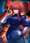  1girl absurdres blue_eyes breasts closed_mouth gaw_ha_leecee gloves highres juusenki_l-gaim long_hair looking_at_viewer mecha ponytail red_hair robot smile solo tukiwani 
