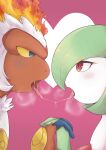  &lt;3 &lt;3_eyes absurd_res after_kiss ambiguous/ambiguous ambiguous_gender animal_humanoid anthro bedroom_eyes biped blue_eyes blush bodily_fluids breath_cloud dripping duo eye_contact eyelashes fangs fire fur gardevoir generation_3_pokemon generation_4_pokemon green_hair hair hand_holding hi_res humanoid infernape interspecies kissing looking_at_another love mammal mammal_humanoid monkey_humanoid narrowed_eyes nintendo nohtuy18 open_mouth orange_body pink_background pokemon pokemon_(species) primate primate_humanoid red_eyes romantic romantic_couple saliva saliva_drip saliva_on_tongue saliva_string seductive side_view simple_background video_games white_body white_fur yellow_sclera 