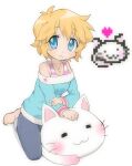  1girl :3 blonde_hair blue_eyes blue_shirt breasts cacctus32 cat denim heart highres jeans jewelry lucky_star necklace nyamou off-shoulder_shirt off_shoulder pants patricia_martin petting pixel_heart pixelated seiza shirt sitting smile star_(symbol) striped_clothes striped_shirt striped_sleeve_cuffs white_background white_cat 