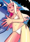  1girl bikini borrowed_character breasts commentary_request creature from_below hijiri_rei horns long_hair medium_breasts navel original outdoors palm_tree pointy_ears red_eyes side-tie_bikini_bottom smile sun swimsuit tree white_bikini 