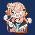  1girl :d animal black_bow blue_background blue_dress blue_eyes blue_nails blush bow brown_hair brown_jacket chibi commentary cropped_torso dress eyepatch fang hair_bow hair_bun hair_ornament hairclip heart heart-shaped_pupils holding igarashi_rika igarashi_rika_(1st_costume) jacket long_hair long_sleeves looking_at_viewer medical_eyepatch multicolored_hair nail_polish nijisanji nozo_(hitomiz) one_side_up open_clothes open_jacket orange_outline outline puffy_long_sleeves puffy_sleeves seal_(animal) simple_background single_side_bun sleeves_past_wrists smile solo sparkle star_(symbol) star_hair_ornament streaked_hair symbol-only_commentary symbol-shaped_pupils upper_body white_hair 