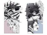  1girl 3boys bandages black_hair blood blue_eyes closed_eyes crying heterochromia highres holding holding_sword holding_weapon iguro_obanai injury itou_1998 kamado_tanjirou kanroji_mitsuri katana kimetsu_no_yaiba long_hair looking_at_viewer low_ponytail multiple_boys ponytail spiked_hair sword tomioka_giyuu veins weapon yellow_eyes 
