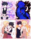  2girls 4boys absurdres alternate_costume antenna_hair basil_(faraway)_(omori) basil_(headspace)_(omori) basil_(omori) black_eyes black_hair black_socks black_sweater black_sweater_vest black_tank_top blonde_hair blood blood_on_clothes blue_eyes blue_overalls blush bright_pupils brown_overalls brown_shorts brown_skirt closed_eyes closed_mouth collarbone collared_shirt colored_skin crying crying_with_eyes_open dual_persona flower genderswap genderswap_(mtf) green_eyes green_hair green_sweater_vest grin head_wreath highres hug kiss kissing_forehead kneehighs long_hair looking_at_another low_twintails multiple_boys multiple_girls omori omori_(omori) one_eye_closed otomerson overall_shorts overalls parted_lips pointing red_eyes red_skirt shirt shirt_under_sweater short_hair short_sleeves short_twintails shorts sitting skirt smile socks spoilers striped_clothes striped_shorts sunny_(omori) sweater sweater_vest tank_top tears teeth thick_eyebrows twintails vertical-striped_clothes vertical-striped_shorts white_pupils white_shirt white_shorts white_skin 