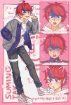  1boy absurdres ahoge black_pants black_streaks blue_eyes blue_jacket character_name crying crying_with_eyes_open drawn_ears drawn_whiskers drooling grey_jacket hand_in_pocket height highres hood hoodie jacket male_focus multicolored_hair multicolored_jacket multiple_views pants ransuteeki red_hair saliva shoes short_hair streaked_hair sumino_takumi sweat sweatdrop tears the_hundred_line_-last_defense_academy- two-tone_jacket white_hoodie white_shoes 