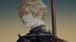  1boy aqua_eyes armor blonde_hair boooshow buster_sword close-up cloud_strife earrings final_fantasy final_fantasy_vii final_fantasy_vii_remake hair_between_eyes jewelry looking_back looking_to_the_side male_focus outdoors parted_lips portrait short_hair shoulder_armor single_earring solo spiked_hair sunset turtleneck upper_body weapon weapon_on_back 