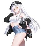  1girl alternate_costume armpits bag bare_shoulders baseball_cap black_hat black_jacket black_survival blue_shorts breasts commentary_request cowboy_shot crop_top cutoffs denim denim_shorts eternal_return:_black_survival hand_on_own_hip hand_up hat high-waist_shorts highres holding holding_own_hair jacket kkonaeng korean_commentary medium_breasts midriff minami_rio multicolored_jacket off_shoulder open_clothes open_jacket parted_lips shirt short_shorts shorts shoulder_bag simple_background sleeveless sleeveless_shirt solo thighs two-tone_jacket white_background white_shirt 
