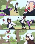 absurd_res attack_pose boots brown_hair cell_shade clothing comic comic_panel female female_human footwear fur generation_4_pokemon green_eyes hair hat headgear headwear hi_res human lucario mammal nintendo pokeball pokemon pokemon_(species) pokemon_trainer purple_body purple_fur sequence shoes simple_background violence