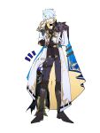  2boys aged_down armor black_pants blue_cape cape child closed_eyes coat cracked_skin dual_persona flame_reaver_of_the_deepest_dark flat_color grey_hair hiding highres honkai:_star_rail honkai_(series) multiple_boys open_mouth pants pauldrons phainon_(honkai:_star_rail) sakae_0_0 short_hair shoulder_armor simple_background single_pauldron smile twitter_username two-sided_cape two-sided_fabric white_background white_coat yellow_cape 
