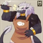 5_fingers apron artist_logo barista black_clothing black_shirt black_topwear bone bone_mask bottomwear bracelet citsy_404 clothing coffee_cup collar container cup digital_media_(artwork) dragon dragor_(wingzzarts) fingers gold_(metal) gold_bracelet gold_collar gold_jewelry grey_body hand_on_side hi_res holding_tray jewelry logo male mask metal_collar muscular muscular_arms mythological_creature mythological_scalie mythology scalie shirt simple_background skull skull_mask solo tail tail_tuft tight_clothing tight_shirt tight_topwear topwear tuft white_body white_bottomwear white_clothing