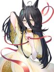  1girl ahoge animal_ears arm_up black_hair closed_mouth dress ear_ornament earrings frilled_dress frills hair_between_eyes hand_up highres horse_ears horse_girl jewelry lace-trimmed_dress lace_trim long_bangs long_dress long_hair long_hair_between_eyes looking_at_viewer manhattan_cafe_(umamusume) multicolored_hair red_ribbon ribbon shiruko_(oshiruko) short_sleeves simple_background single_earring solo umamusume very_long_hair white_background white_hair yellow_dress yellow_eyes 