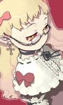 1girl blonde_hair choker colored_sclera commentary_request cross cross_earrings earrings expressionless from_above glasses hijiri_rei jewelry lolita_fashion long_hair looking_at_viewer lowres oekaki original pointy_ears red_sclera semi-rimless_eyewear solo under-rim_eyewear upper_body upturned_eyes yellow_eyes 