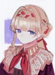  1girl blonde_hair blue_eyes braid braided_bangs brown_dress closed_mouth dress grey_background hair_ribbon highres kiperina long_hair looking_at_viewer low_ponytail neckerchief ponytail portrait red_neckerchief red_ribbon reverse:1999 ribbon sketch solo star_(symbol) xjsbca 