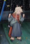  1girl absurdres antlers black_dress blonde_hair closed_eyes commentary deer_antlers deer_girl deltarune dress english_commentary friend_(deltarune) goomyloid highres hooves horns long_dress long_hair night noelle_holiday on_swing open_mouth red_scarf scarf sitting smile solo swing swing_set 