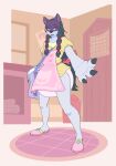 ambiguous_gender anthro anubismon apron bandai_namco braided_hair bubblepuppers caretaker clothed clothing diaper diaper_bag digimon digimon_(species) digital_drawing_(artwork) digital_media_(artwork) hair hand_out hand_outstretched hi_res long_hair looking_at_viewer shirt smile solo standing topwear wearing_diaper yellow_clothing yellow_shirt yellow_topwear