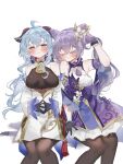  2girls ahoge bare_shoulders bell black_gloves blue_bow blue_hair blush bodystocking bow breasts brown_pantyhose closed_eyes closed_mouth cloud_print commentary_request cone_hair_bun crossed_bangs detached_sleeves dress flower flying_sweatdrops frills ganyu_(genshin_impact) gem genshin_impact gloves goat_horns gold_trim hair_between_eyes hair_bow hair_bun hair_flower hair_ornament hand_up hands_up highres horns jewelry keqing_(genshin_impact) large_breasts long_hair long_sleeves looking_at_viewer medium_breasts multiple_girls neck_bell orange_eyes pantyhose pearl_(gemstone) ponytail purple_dress purple_hair sidelocks simple_background sitting smile sorani_(kaeru0768) tassel twintails two-tone_dress white_background white_dress white_flower wide_sleeves yuri 