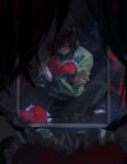  1other absurdres artist_collaboration artist_request brown_hair chinese_commentary commentary crack cracked_glass deltarune frilled_pillow frills green_shirt hair_over_one_eye heart heart-shaped_pillow highres kris_(deltarune) looking_at_viewer mirror moyi7239 one_eye_covered other_focus pillow pov_hair red_eyes shirt short_hair solo upper_body 