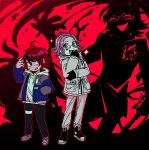  2boys :d absurdres ahoge aotsuki_eito arm_up black_gloves black_hair black_pants black_shoes blue_eyes commentary english_commentary full_body glasses gloves grey_hair grey_jacket grey_shoes hand_in_pocket height_difference highres hood hood_down hoodie jacket jacket_over_hoodie last_defense_academy_school_uniform male_focus multicolored_hair multiple_boys open_clothes open_jacket open_mouth outline pants red_background red_hair red_outline round_eyewear school_uniform shoes short_hair smile sparkle spoilers streaked_hair sumino_takumi sweat the_hundred_line_-last_defense_academy- two-tone_hair virtubear white_hoodie white_jacket white_pants 