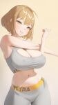  1girl absurdres ahoge anis_(nikke) blush breasts brown_hair cleavage clothes_writing curvy goddess_of_victory:_nikke grey_pants grey_sports_bra highres huge_breasts large_breasts looking_at_viewer midriff navel pants short_hair silver_tokki smile solo sports_bra stretching thick_thighs thighs yellow_eyes yoga_pants 