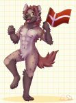 anthro brown_body brown_fur brown_hair crotch_tuft danish_flag flag fur hair happy hi_res hyena licornechat_(artist) looking_at_viewer male mammal navel nipple_piercing nipples nude on_one_leg open_mouth piercing solo standing tail tuft yellow_eyes