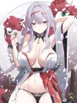  1girl aokihoshi arm_behind_head arm_up armpits bare_shoulders black_panties blush bow breasts breasts_apart choko_(cup) collarbone commentary_request cup falling_petals flower goddess_of_victory:_nikke gold_trim grey_hair hair_between_eyes hair_intakes hairband hand_up hexagon highres holding holding_cup honeycomb_(pattern) ichigeki-kun japanese_clothes katana kimono lace-trimmed_panties lace_trim large_breasts long_hair looking_at_viewer nail_polish navel official_alternate_costume panties parted_lips petals red_bow red_eyes red_flower red_nails red_rose rose scarlet_(black_shadow)_(longing_flower)_(nikke) scarlet_(black_shadow)_(nikke) scarlet_(nikke) sheath sidelocks sitting solo stomach striped_clothes striped_panties sword tassel thighs tokkuri two-sided_fabric underwear very_long_hair weapon white_background white_kimono wide_sleeves 