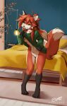  anthro bottomless breasts canid canine clothed clothing clothing_lift detailed_background dragonfu female fox fur genitals hi_res mammal mostly_nude nipples nude one_eye_closed pussy solo standing sweater sweater_only text tongue tongue_out topwear topwear_only wink 