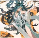  1girl arm_up blue_hair breasts cleavage dress feet_out_of_frame gold_choker gold_headband green_eyes grin hand_up head_tilt hissabeth ing_(ing205509) long_dress long_hair looking_at_viewer official_alternate_costume orange_background reverse:1999 side_slit single_bare_shoulder sleeveless sleeveless_dress smile snake snake_on_head snake_wrapped_around_arm solo very_long_hair white_dress 