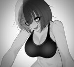  1girl breasts greyscale highres hololive hololive_english large_breasts makeup monochrome multicolored_hair navel open_mouth porougon runny_makeup shiori_novella solo split-color_hair sports_bra teeth unfinished virtual_youtuber 