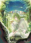  1other androgynous animal animal_on_shoulder bangs bird bird_on_lap bird_on_shoulder closed_mouth commentary_request enkidu_(fate) fate/extra fate/extra_ccc fate/grand_order fate/strange_fake fate/zero fate_(series) forest full_body green_eyes green_hair light_green_hair long_hair long_sleeves looking_at_viewer mizutame_tori nature night on_ground outdoors pants rabbit robe shooting_star signature sitting sky smile solo star_(sky) toga tree very_long_hair water white_pants white_robe 