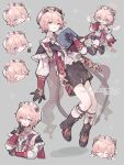  1boy :d ;d ^_^ absurdres angel_wings artist_name beret black_boots black_capelet black_gloves black_shorts blush book boots cape capelet closed_eyes commentary_request dahlia_(genshin_impact) flower frilled_capelet frills full_body genshin_impact gloves grey_background hair_between_eyes halo hand_up hat highres holding holding_book holding_flower index_finger_raised long_sleeves looking_at_viewer male_focus multiple_views one_eye_closed open_book open_mouth pink_hair pointy_ears poponnu purple_eyes red_cape shirt short_hair short_shorts shorts simple_background sleeve_cuffs smile tassel twitter_username upper_body watermark white_flower white_hat white_shirt wings 