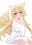  1girl :o animal_ear_fluff animal_ears bangs blonde_hair blush collarbone commentary_request feet_out_of_frame fox_ears fox_girl fox_tail green_eyes hair_between_eyes hamico highres long_hair looking_at_viewer low_twintails off_shoulder original parted_lips shirt short_sleeves simple_background sitting solo tail twintails very_long_hair white_background white_shirt wide_sleeves 