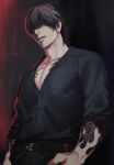  1boy arm_tattoo belt belt_buckle black_hair black_shirt boooshow buckle chest_tattoo collared_shirt cowboy_shot hair_between_eyes highres looking_at_viewer madarame_kei male_focus open_collar parted_lips pectorals shirt short_hair slow_damage smile solo tattoo yellow_eyes 