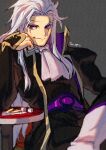  1boy artist_name ascot bangs black_jacket boots card coin crossed_legs dice final_fantasy final_fantasy_vi grey_background grey_hair hand_to_own_face highres jacket long_hair long_sleeves looking_at_viewer male_focus nanpou_(nanpou0021) parted_bangs playing_card purple_belt purple_eyes scar scar_across_eye scar_on_face scar_on_forehead setzer_gabbiani sidelocks sitting smirk solo white_ascot white_footwear 