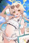  1girl absurdres bare_shoulders beach bikini blue_archive blue_sky breasts brown_hair cloud cloudy_sky commentary day eyewear_on_head frilled_bikini frilled_straps frills hair_between_eyes hair_ornament halo hifumi_(blue_archive) hifumi_(swimsuit)_(blue_archive) highres looking_at_viewer low_twintails navel ocean off-shoulder_bikini off_shoulder official_alternate_costume outdoors peroro_(blue_archive) sand shusuchii sky small_breasts solo swimsuit twintails viewfinder white_bikini wing_hair_ornament winged_halo yellow_eyes yellow_halo 